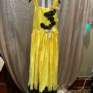 Girls' Yellow Satin Maxi Dress with Black Lace Accents NWOT